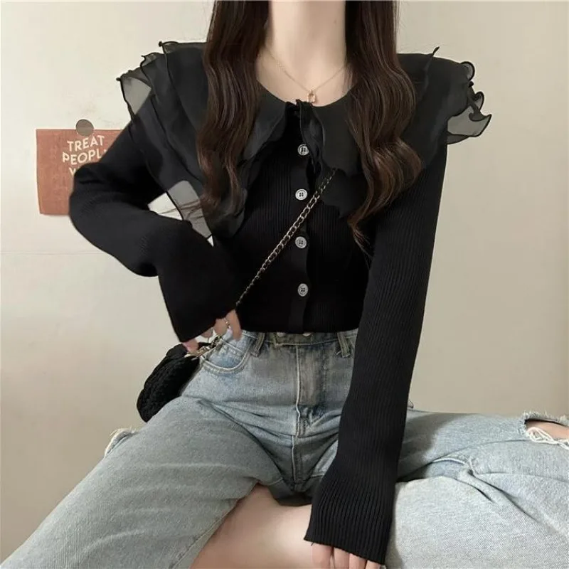 Women Autumn Winter Korean Simplicity Button Solid Color Turn-down Collar Women Clothes All-match Appear Thin Sweater Cardigan