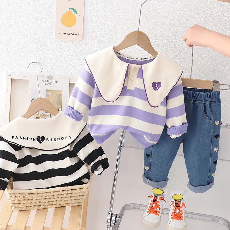 Baby Girls Stripe Sweatshirt Jeans 2 Pcs Suit Kids Sportswear Children Clothing Sets Spring Infant Outfits Princess Clothes