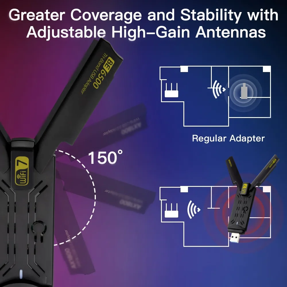 Adaptador USB WiFi 7 de 6500Mbps BE6500, tarjeta de red inalámbrica de 2,4G, 5,8G y 6GHz, Adaptador WiFi de unidad libre 802.11be para Win 10/11