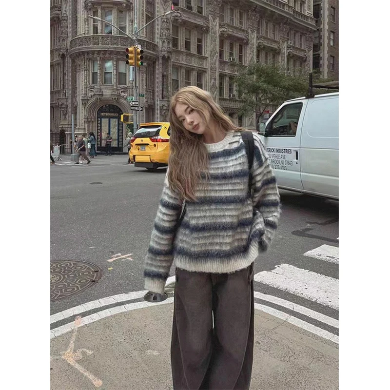 

Harajuku Striped Sweater Women Vintage Long Sleeve Knitted Pullovers Winter Korean Patchwork Knitwears O Neck Casual Jumpers New