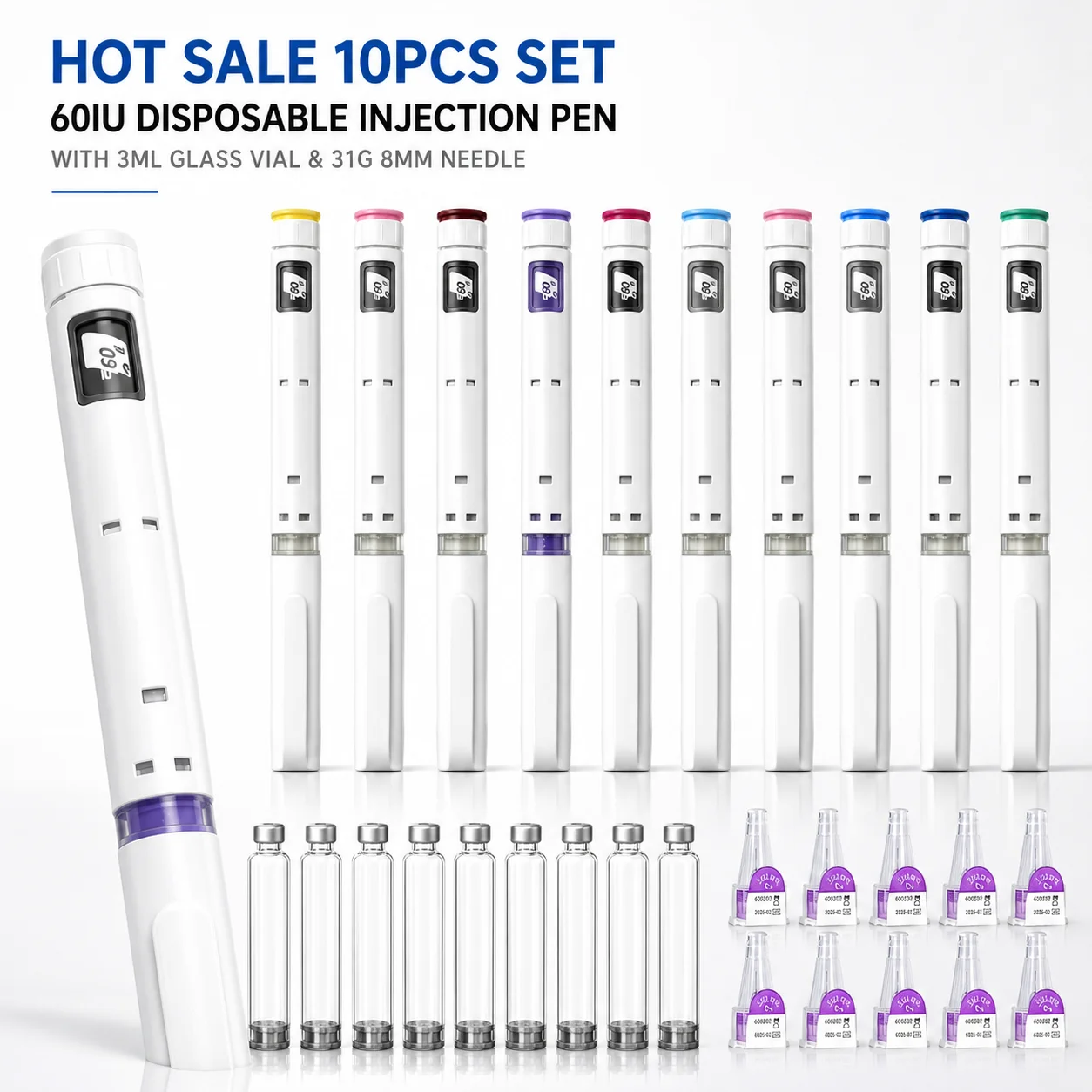 Hot Sale 10PCS Disposable Injection Pen Set 3ml 60IU with Glass Vials 31G 8mm Needles Adjustable Dose Portable Injector