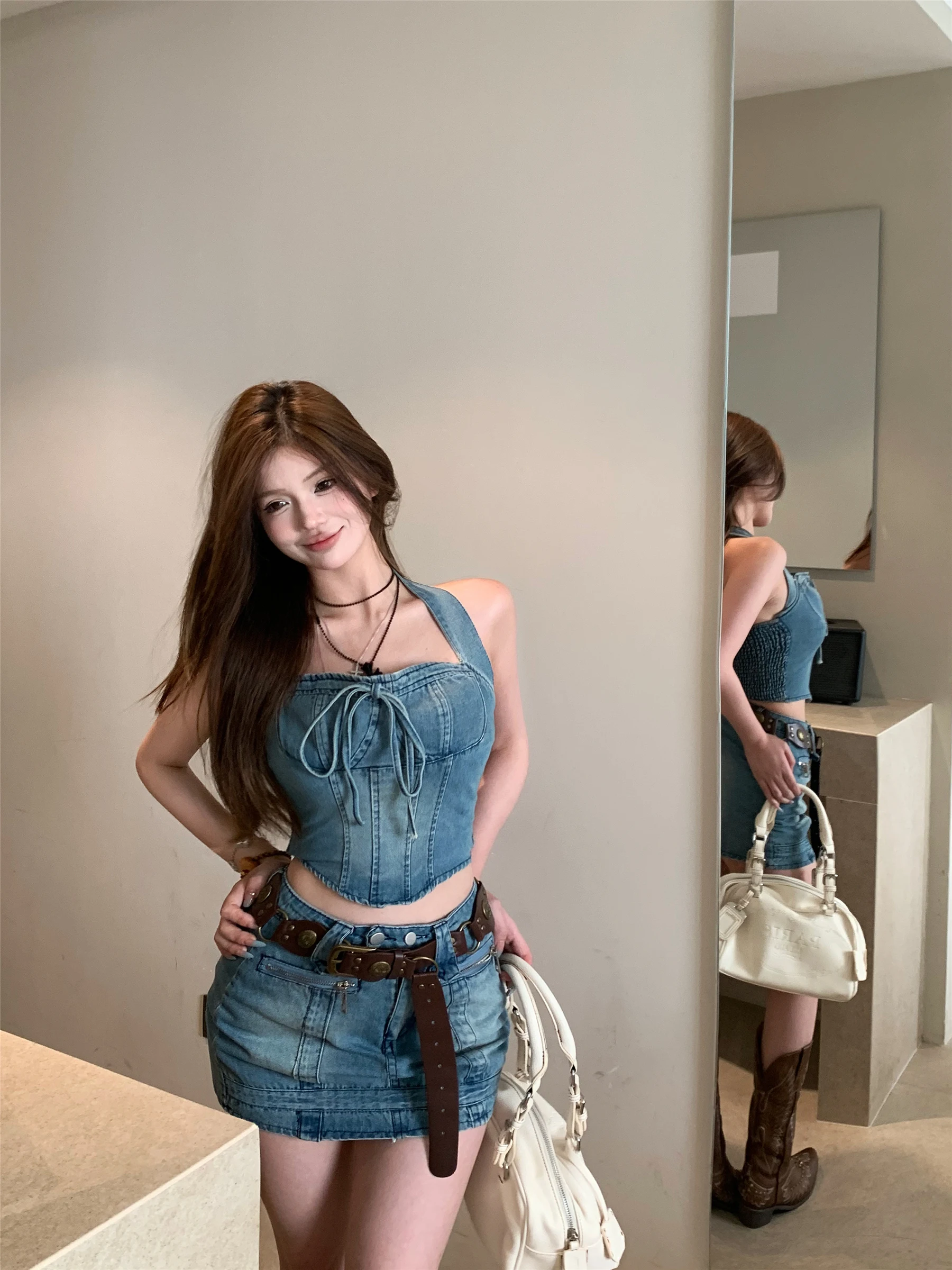 

2024 Summer Women Two Piece Skirt Sets Sexy Hot Girls Denim Outfits Halter Neck Slim Vest Tops + High Waist Skinny Mini Skirt