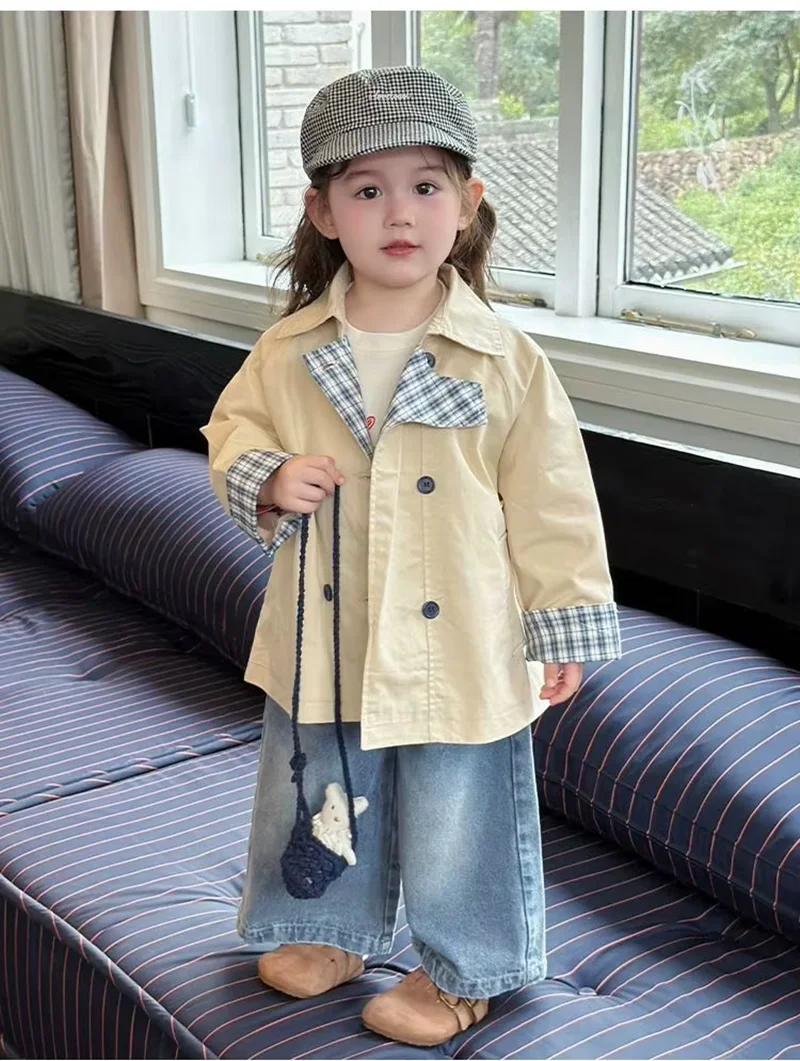 Girls Trench Coat Spring Autumn Double Breasted Mid-length Jacket Kids Casual Loose Outerwear 2 3 5 7 Y