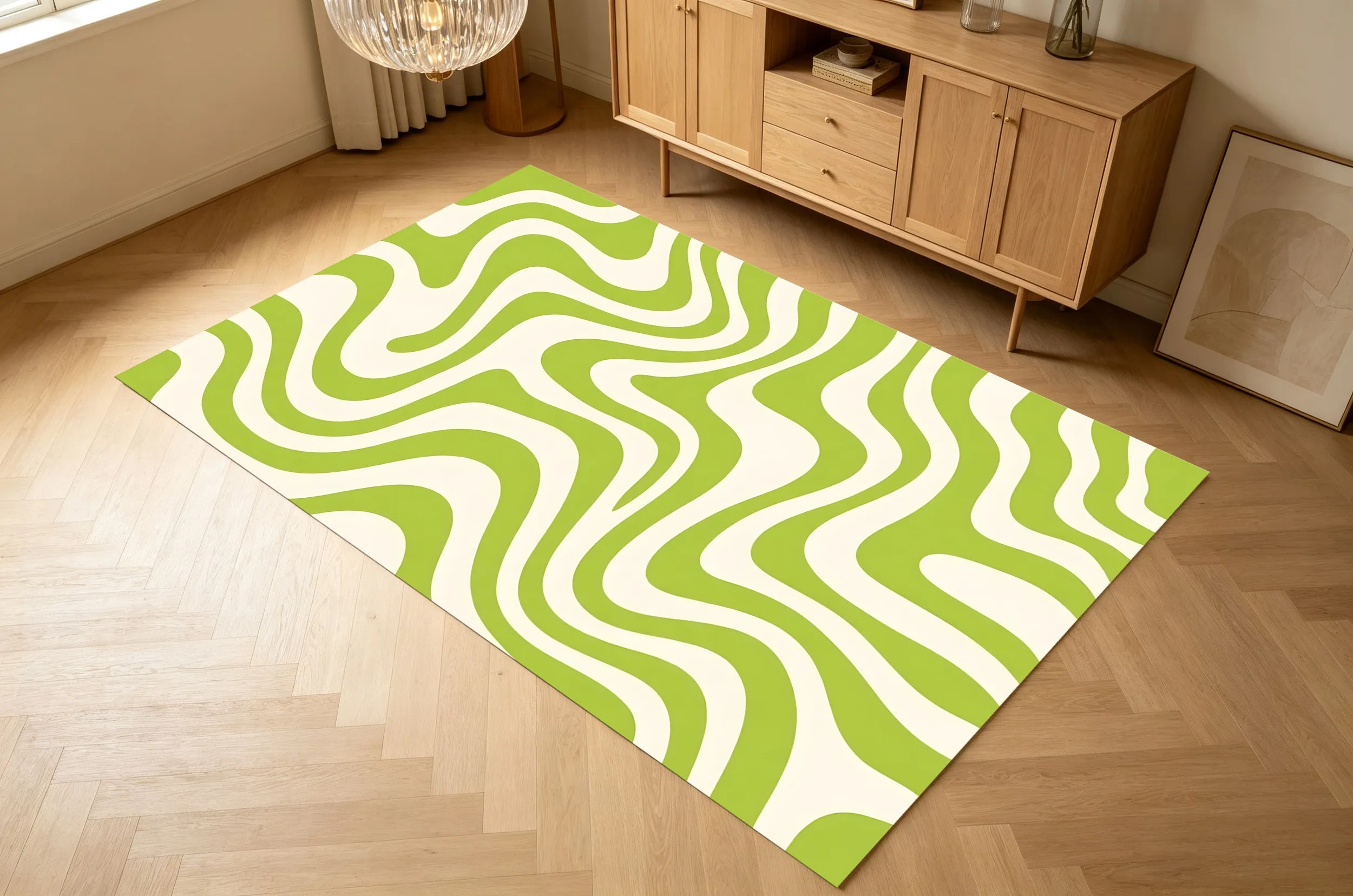 Large Area Rug in Lime Green and Milky White with Flowing Wave Pattern, Fresh Trendy Style, for Living Room Bedroom