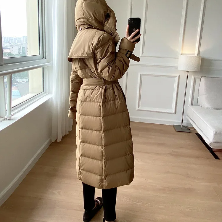 Winter New 90% White Duck Down Jacket Women 2024 Long Luxury Double Breasted Coat with Belt Thick Warm Hooded Windproof Parkas