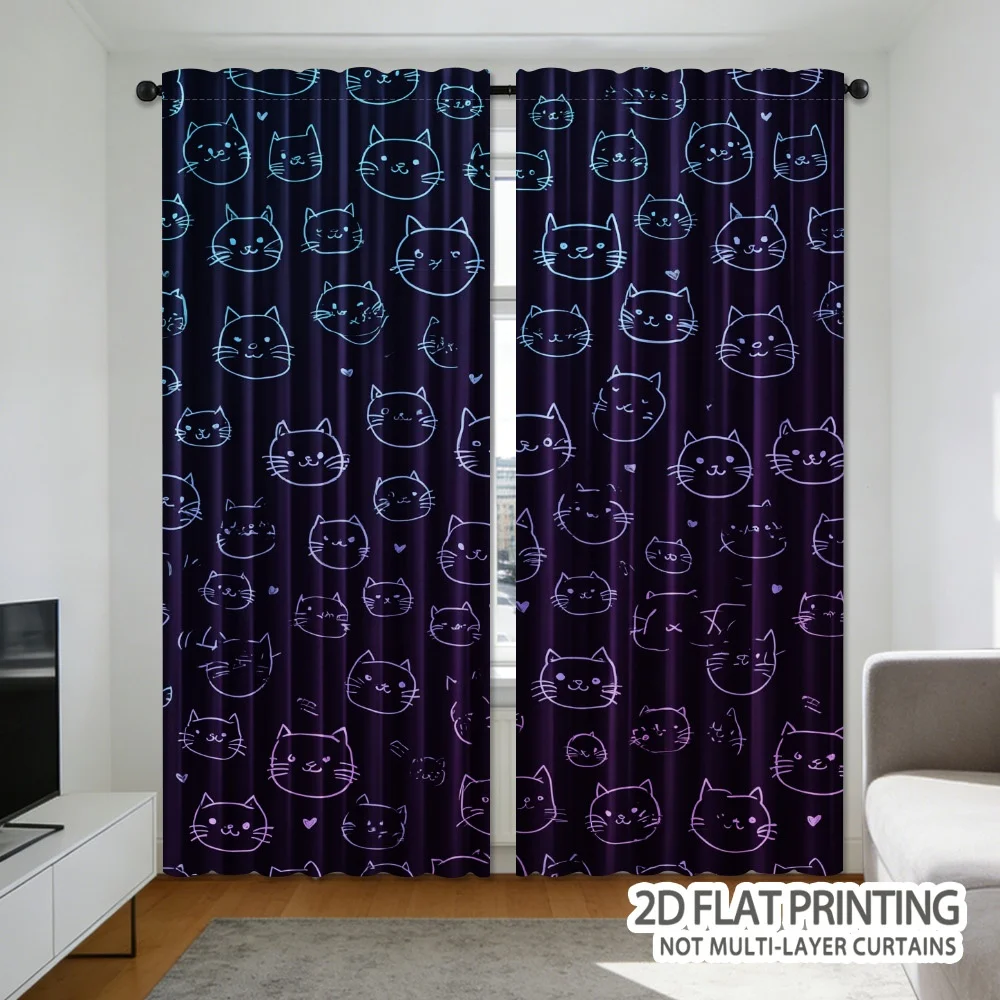 Cute cat face 2D print design for curtains, with a pole-style design. Suitable for living room, bedroom and study.