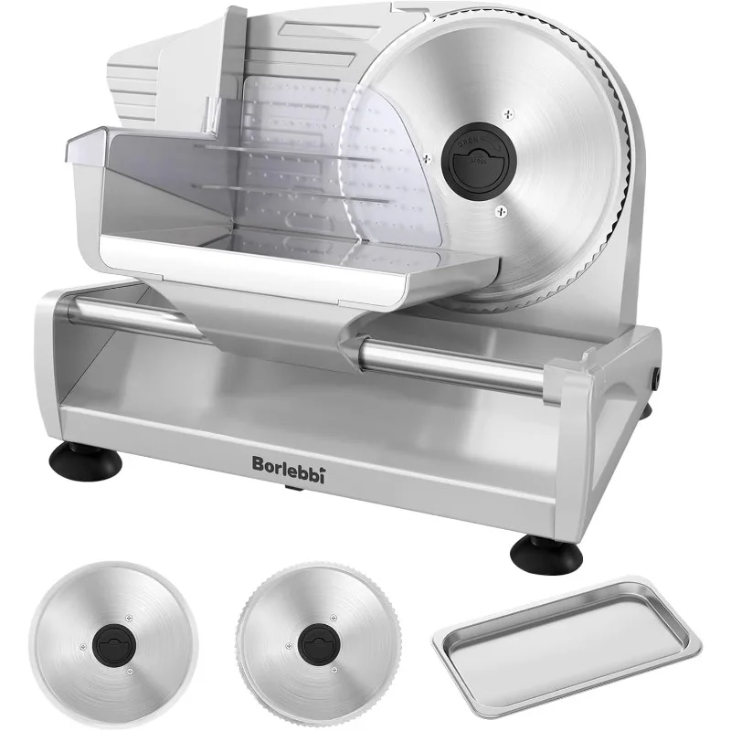 200W Meat Slicer Machine for Home, DC Motor Quiet Deli Slicer with 2 Removable 7.5'' Stainless Steel Blades, Adjustable Dial for