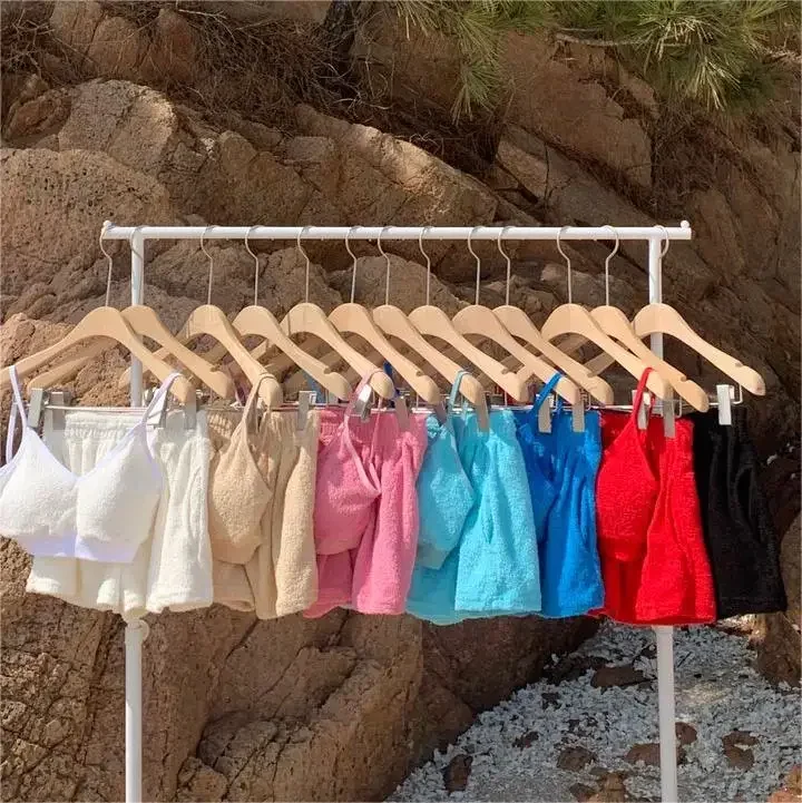 2024 New Fashion Women Bikini Towel Solid Color Swimwear Backless Camisole Elastic Waist Shorts Three-Piece Hot Spring Swimsuit