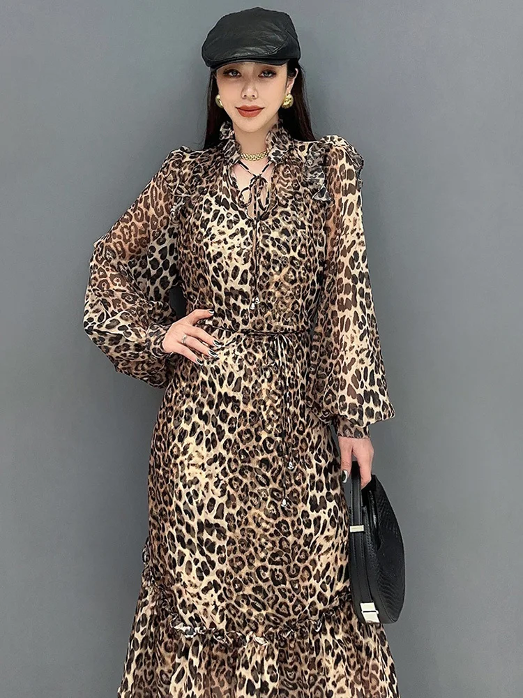 SHENGPALAE 2024 Spring Summer New Dress Chiffon Printed Leopard Pattern Spliced Long Sleeved Ruffle Edge Elegant Dresses 5R9651