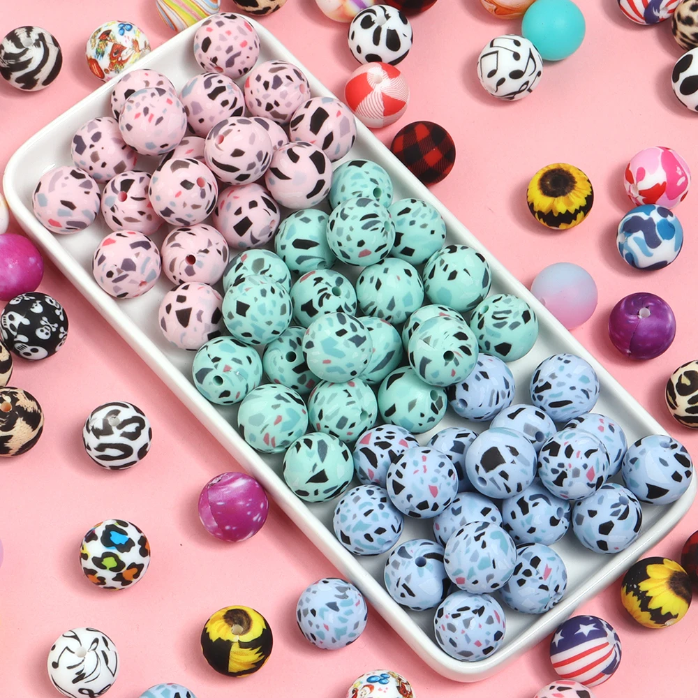 5 stücke 15mm bedruckte Silikon perle mehrfarbige runde Leoparden blume lose Perlen für Schmuck machen DIY Halskette Armband Zubehör