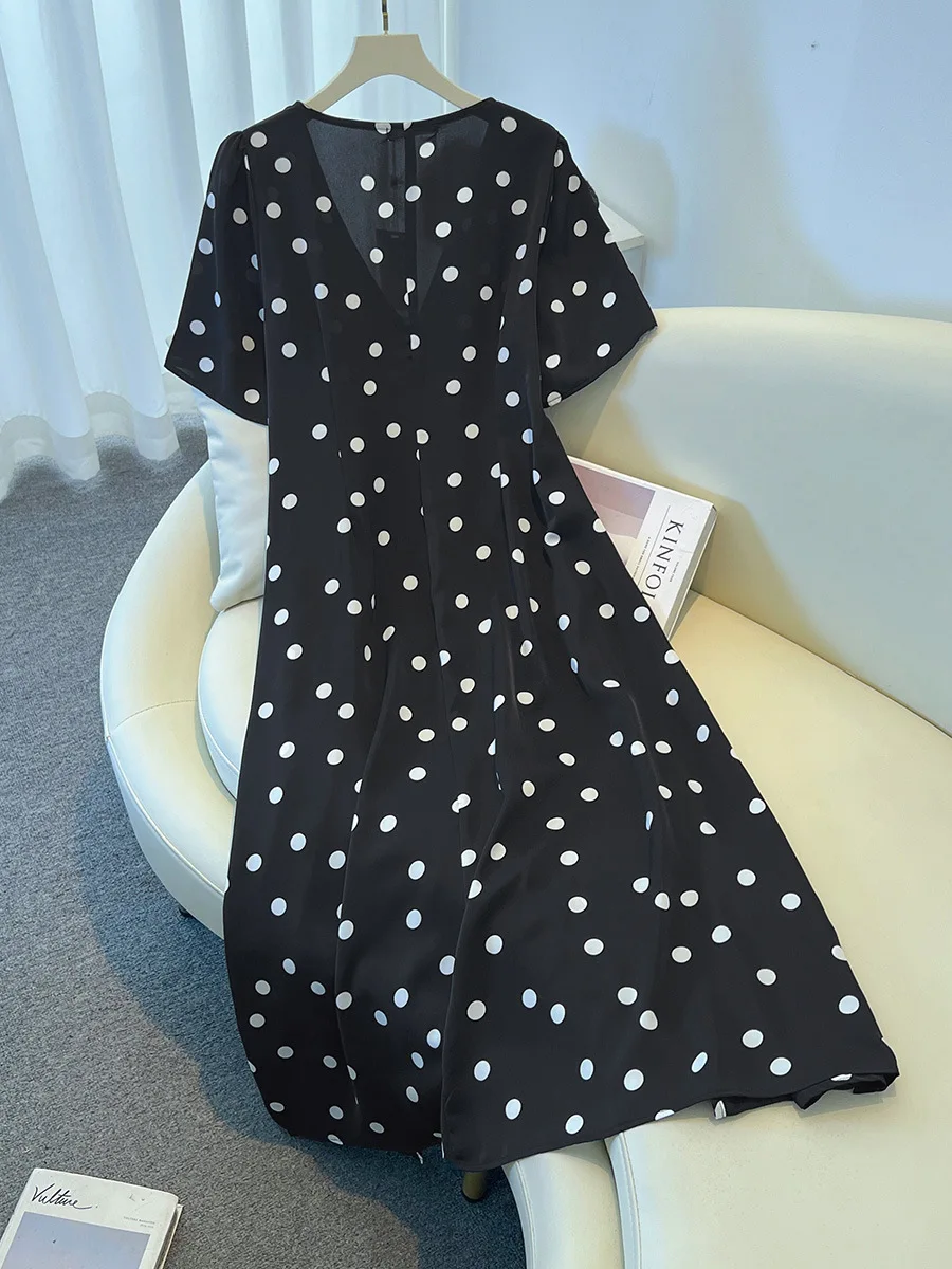 150kg plus size busto feminino 150 verão solto com decote em v manga curta bolinhas vestido plissado preto 5xl 6xl 7xl 8xl 9xl