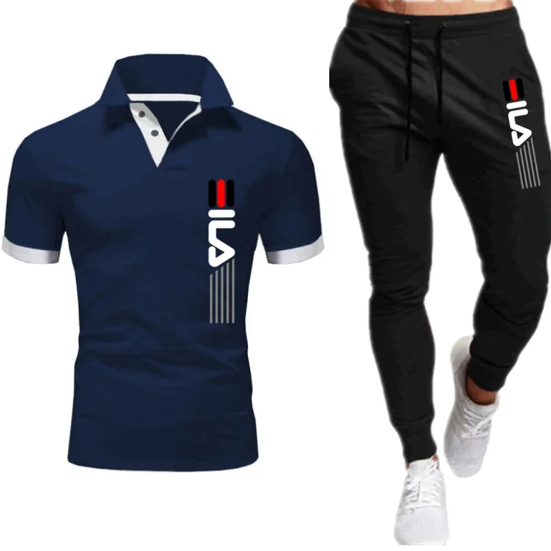 Men\'s Trousers Tracksuit 2 Piece Set Printed Summer Jogger Sportswear Short Sleeve POLO Shirt+Long Pants Casual Street Clothes