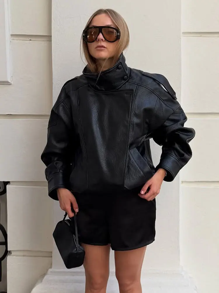 HH المرأة خمر الأسود فو سترات من الجلد سحاب أكمام طويلة معاطف السترة امرأة موضة بولي Leather سترة جلدية للدراجات النارية