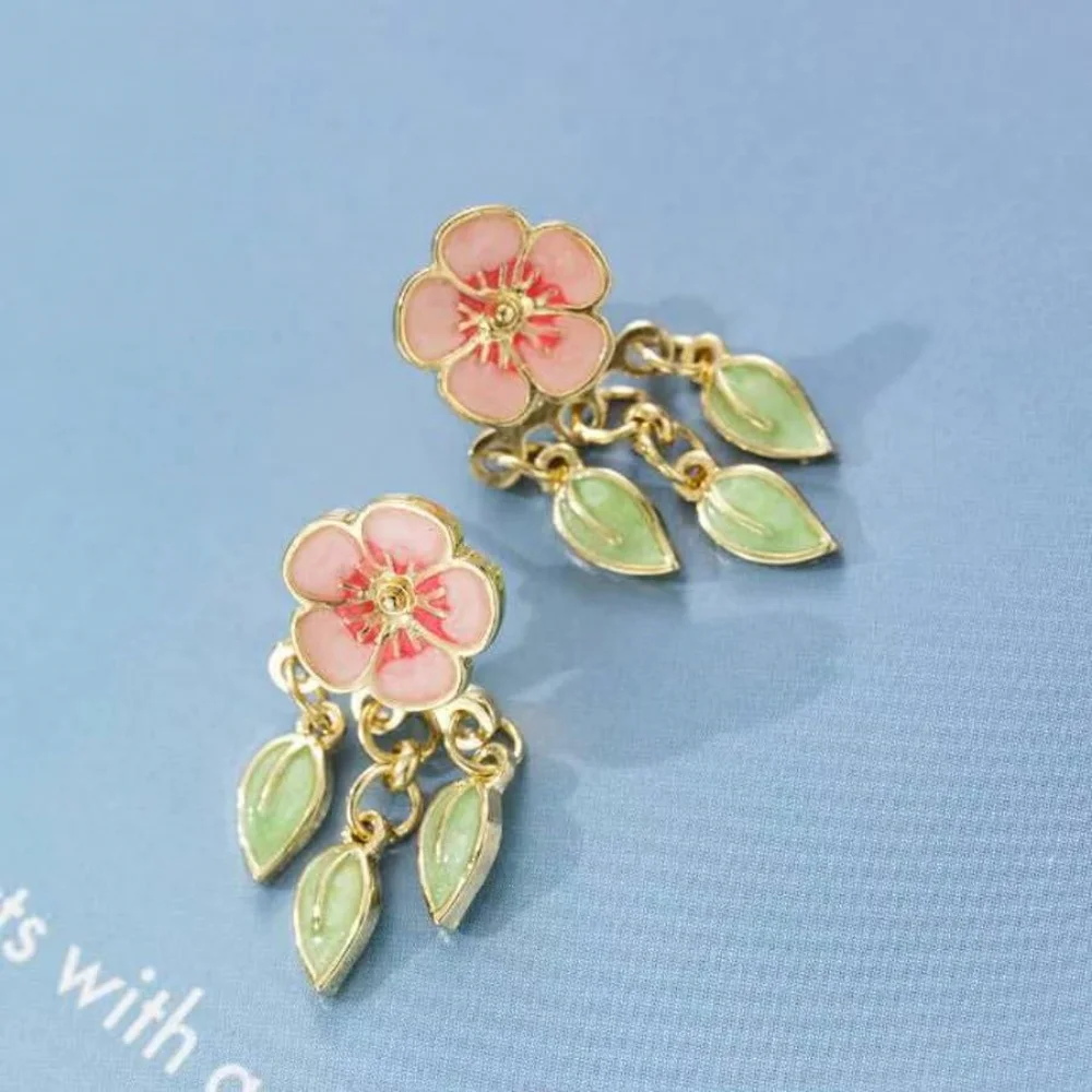 1 pair of fashionable and exquisite enamel colorful flowers leaf front and back earrings niche design flower Earring Jacket wome