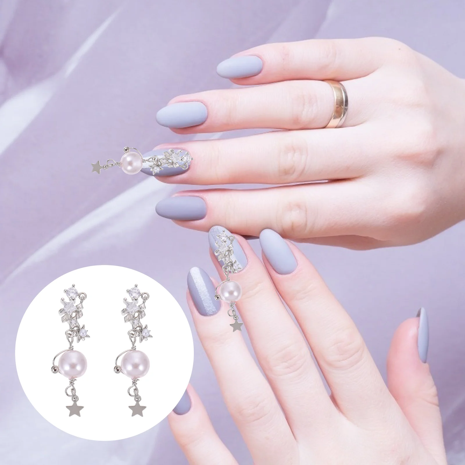 2 pçs acessórios de unhas decoração diy manicure pérola corrente gemas adesivos de metal