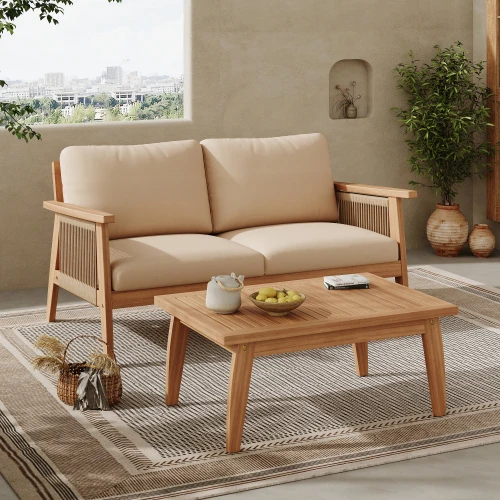 

#Outdoor Durable 2pc Acacia Wood & Rope Modern Patio Chat Set Waterproof Fabric Loveseat + Coffee Table For Garden