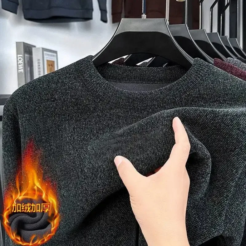 Inverno masculino veludo engrossado em torno do pescoço camisola de meia-idade idosos cor sólida fundo de malha