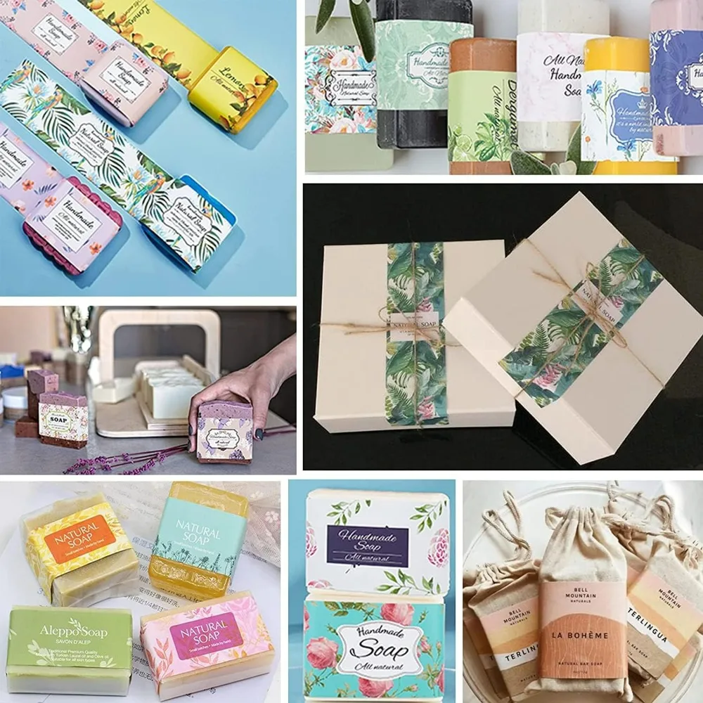 90pcs Handmade Labels for Soap, 9 Style Plant Soap Paper Wrapper Tags Sleeves Covers Tape Band Label for Handmade Soap