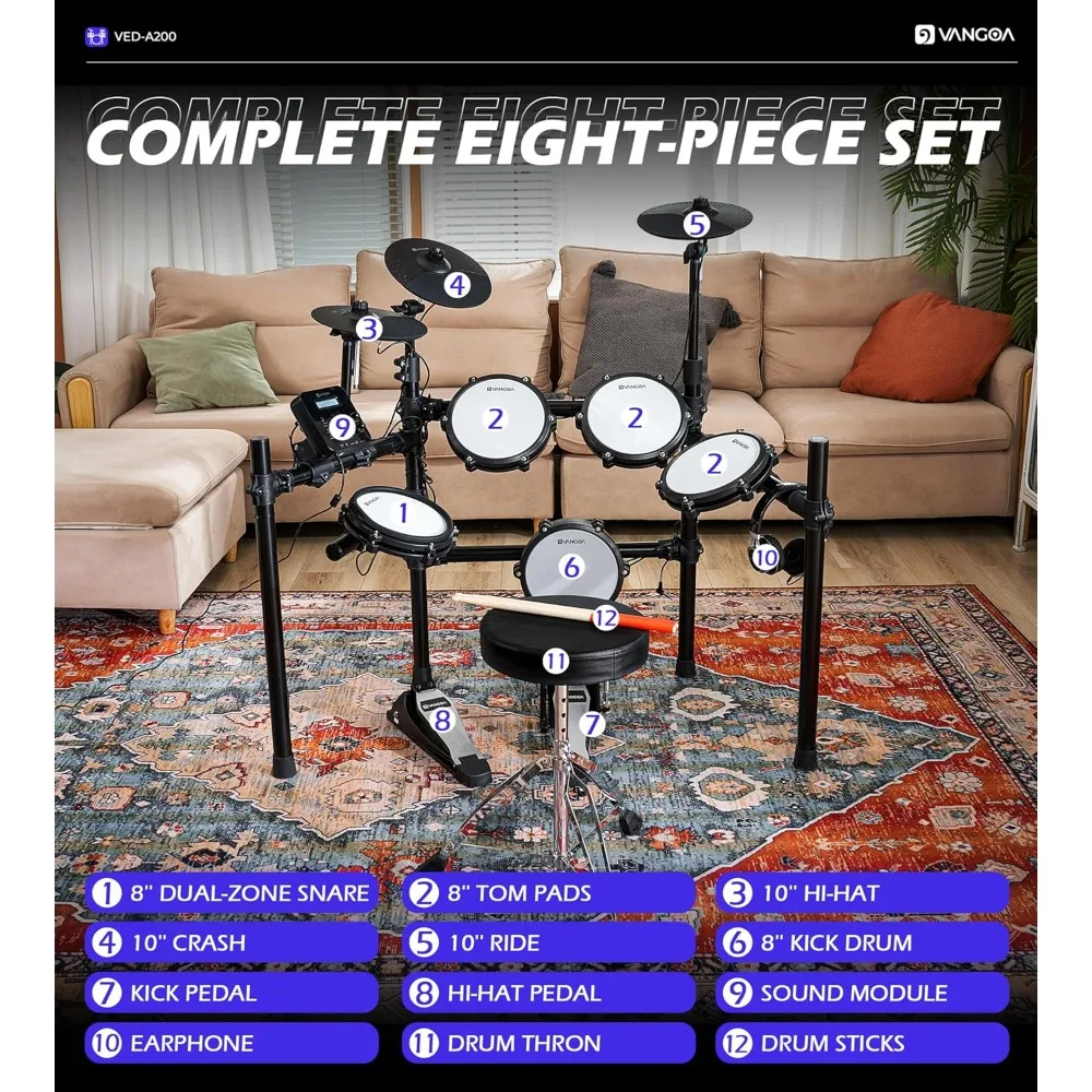 200 Electric Drum Kit 8 Piece Set with Heavy Duty Pedals, 480 Sounds, Throne, Headphones, Rocker, Adult Beginner