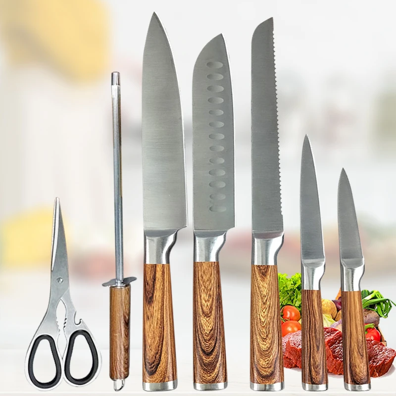 Kitchen Chef Knives Set Wooden Handle Butcher's Stainless Steel Meat Cleaver Chicken Scissors Knife Sharpener Salmon Fish Knife