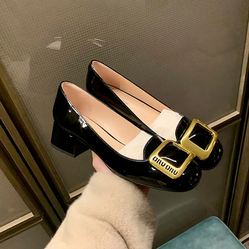 Women Pumps Fashion Square Heel Sexy High Heels Wedding Shoes Ladies Round Toe Metal Buckle Party Chunky Shoes Zapatillas Mujer