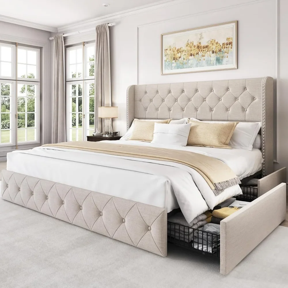 

King Size Bed Frame with 4 Storage Drawers and Tufted Headboard Linen Upholstered Platform Bed Frame Wingback Beds