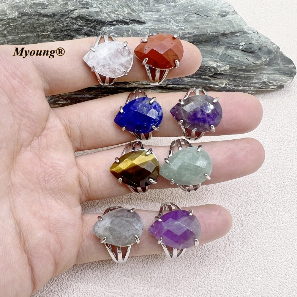 10PCS Water Drop Shape Faceted Natural Amethysts Healing Gems Tiger Eye Stone Crystal Labradorite Adjustable Rings MY230532