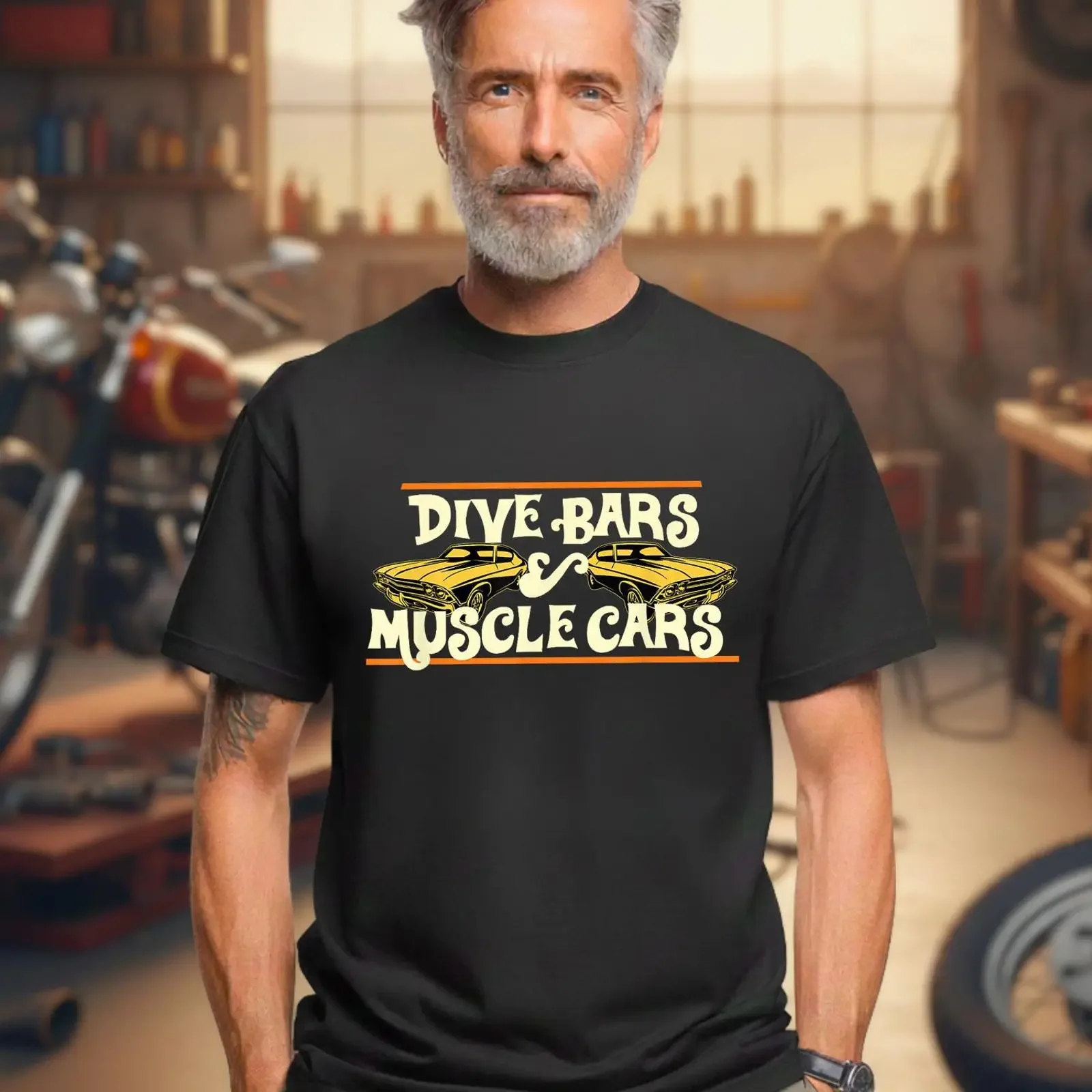Dive Bars and Muscle Cars T-Shirt, 70er-Jahre-inspiriert, Vintage, gewaschene Mode, Streetwear, Designerkleidung, Unisex, weich, vielseitig