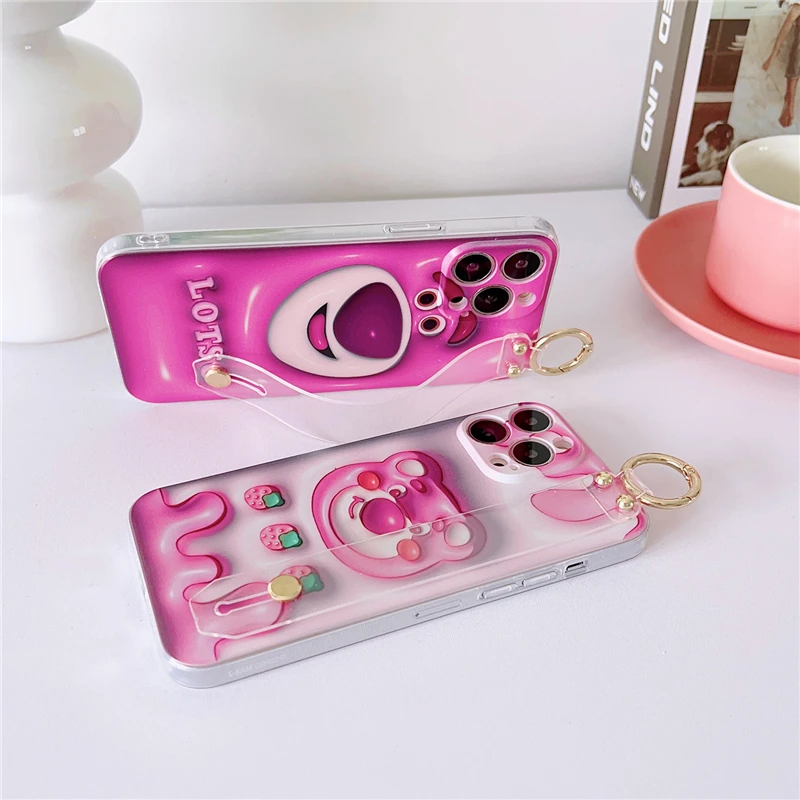 

Holder New Wristband Disney Stellalou Kuromi Lotso Soft Silicone Case for iPhone 15 Pro Max 14 13 12 Pro 11 Cute Back Cover