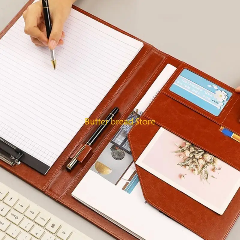 W89C PU Conference Folder Closure Letter Size Folder with Clipboard Multiple Pocket Pen Slot for Office