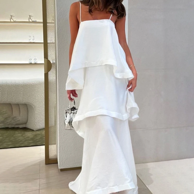 

Casual Sleeveless Loose Suspenders Dresses Women Sexy Off Shoulder Layered Cake Dress Elegant High Waist Satin Solid Long Dress