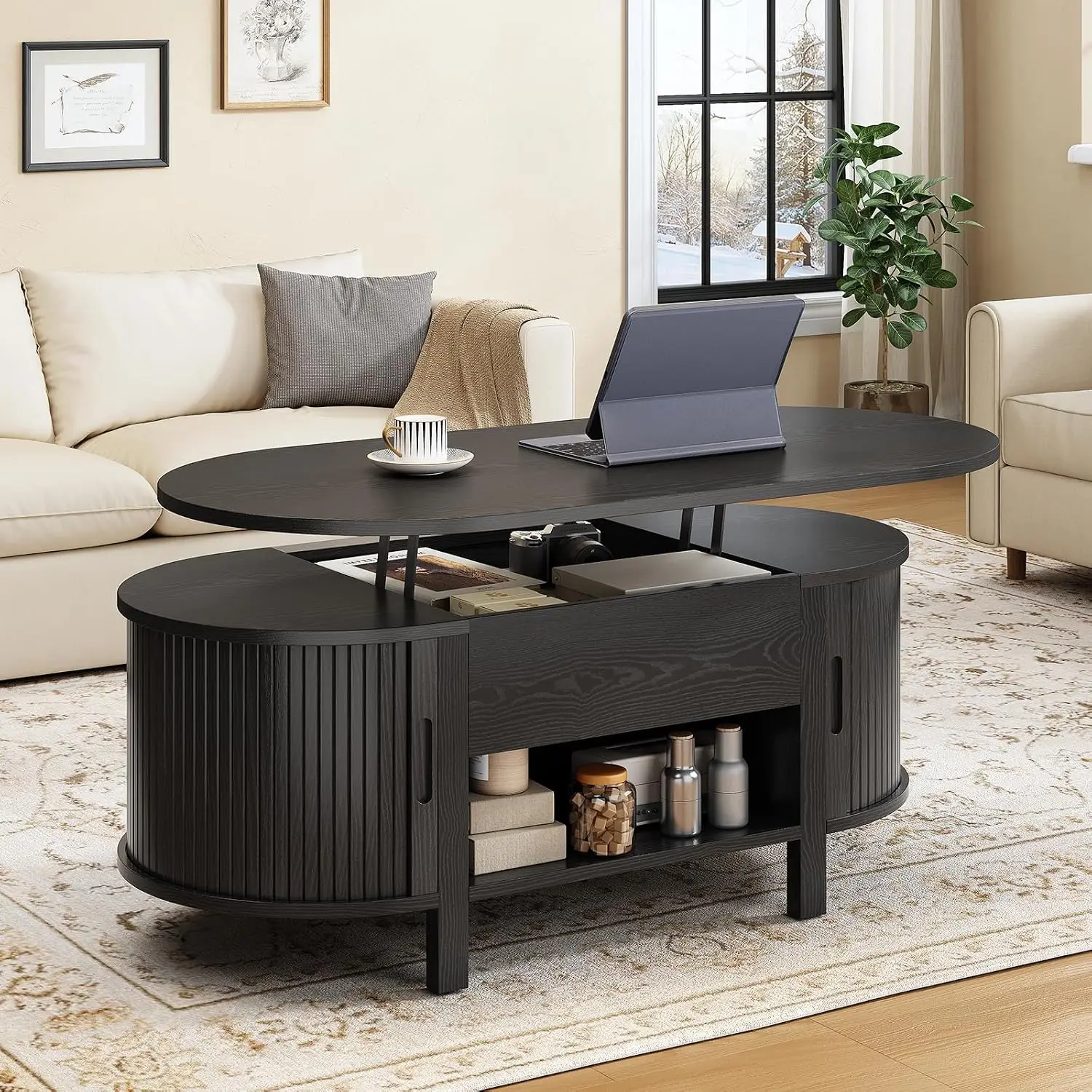 43.3 Oval Lift Top Fluted Coffee Table with Sliding Door, Black | Mid-Century Modern Fluted Coffee Table, Customized