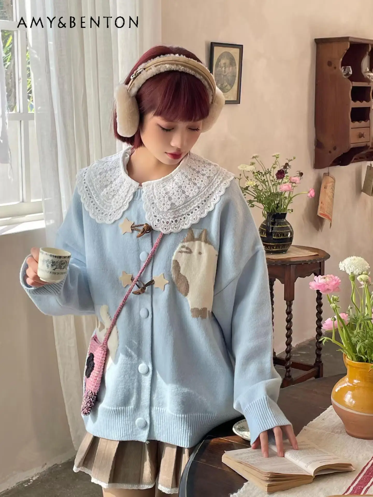 

2025 Autumn New Cute Cartoon Jacquard College Style Milk Tea Color Sweater Coat Milk Blue Horn Button Knitted Cardigan