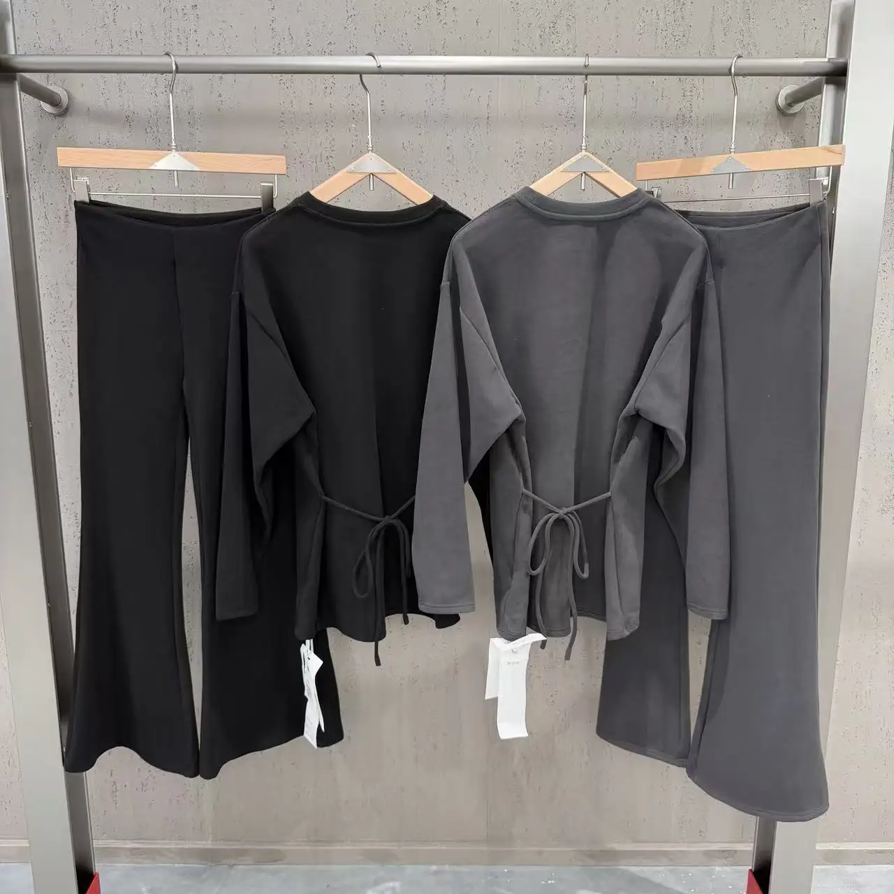 High Street 2pcs Set Women's Autumn New Loose with Drawstring and Waist Cinching Large Top Flared Pants Two-piece Set