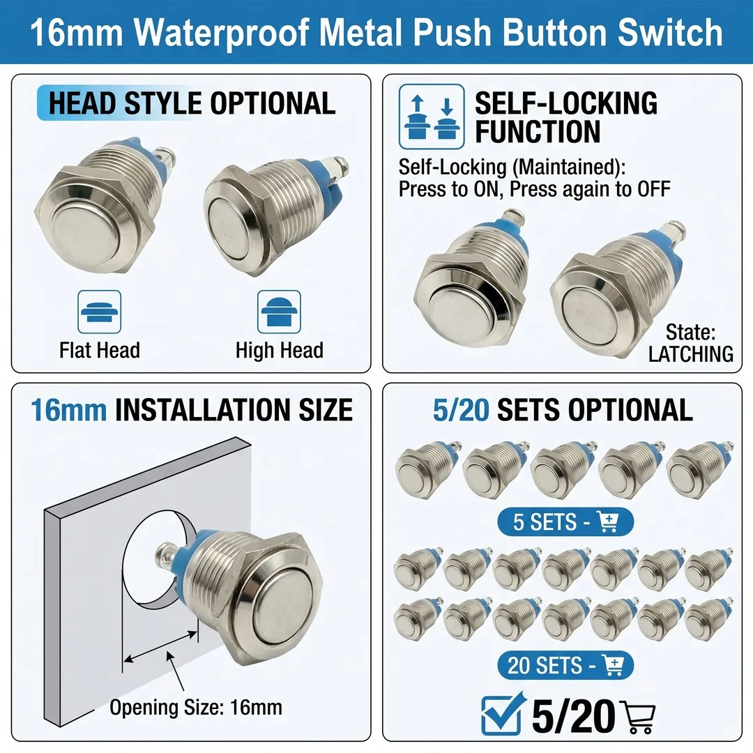 

16mm Metal Button Switch with Lock IP65 Waterproof Nickel Plated Brass Press Button Self-locking 1NO High/Flat/Shape Round