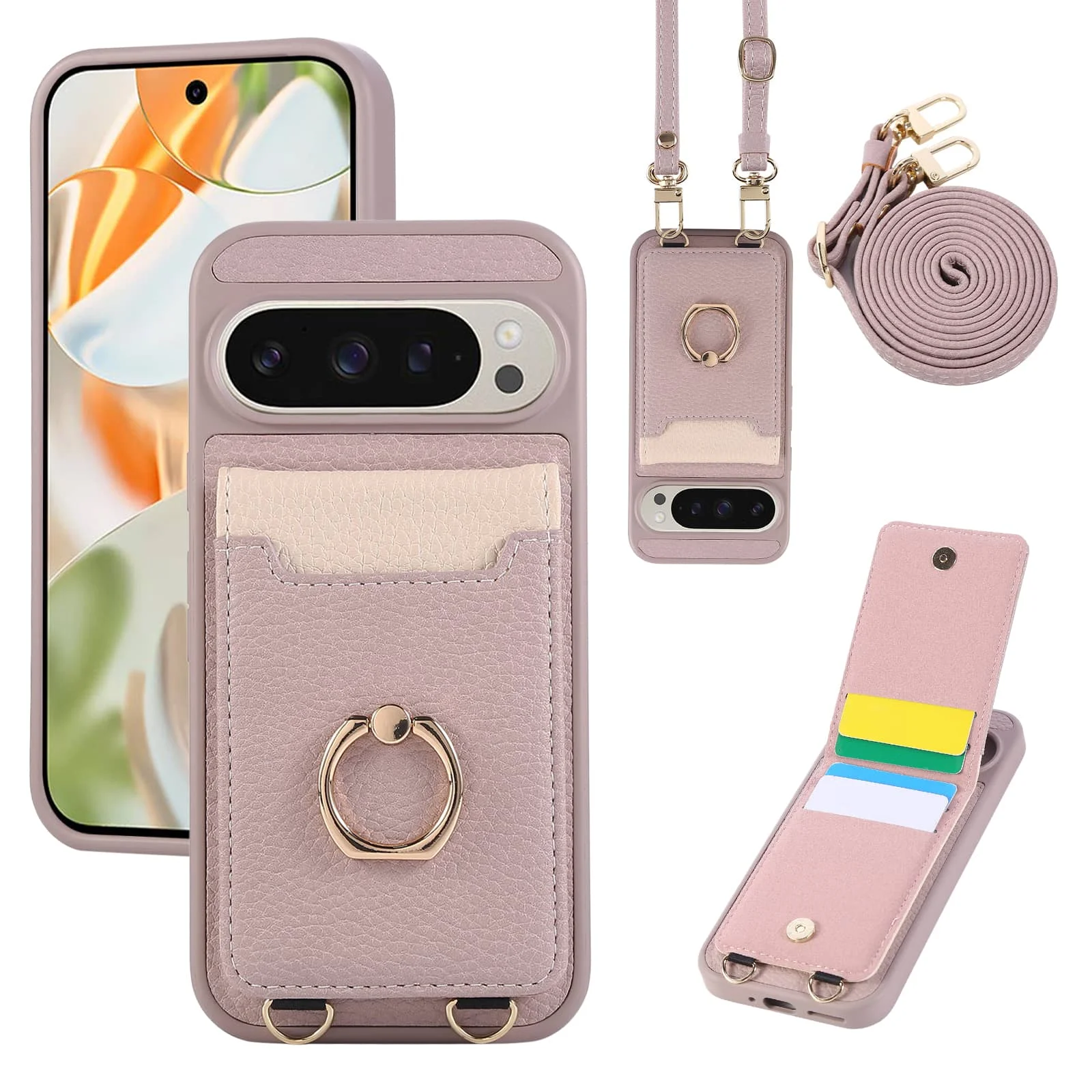 

For Google Pixel 9 Pro XL Pixel 9 8 Pro 9A 8A 7A Case,Wallet Case with Card Holder, 360°Rotation Ring Kickstand Shockproof Cover