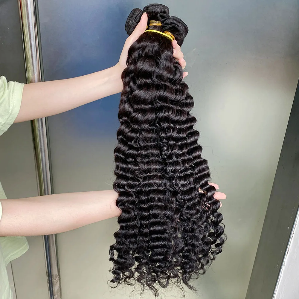 Bundles Deep Wave avec fermeture à lacet HD, cheveux humains bruts brésiliens, 3 faisceaux, 30 po