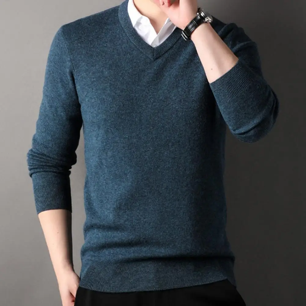 Layering Sweater Elegant V Neck Men's Sweater for Fall Winter Stretchy Pullover in Solid Color Formal Business Style Knitted Mid