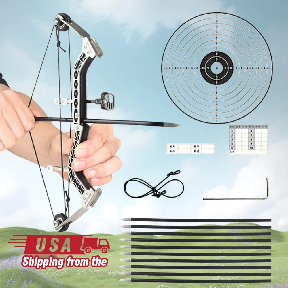 

10.2 Inch Mini Compound Bow Stainless Steel and 10 Arrows and Target Paper Recreational Bow Shooting