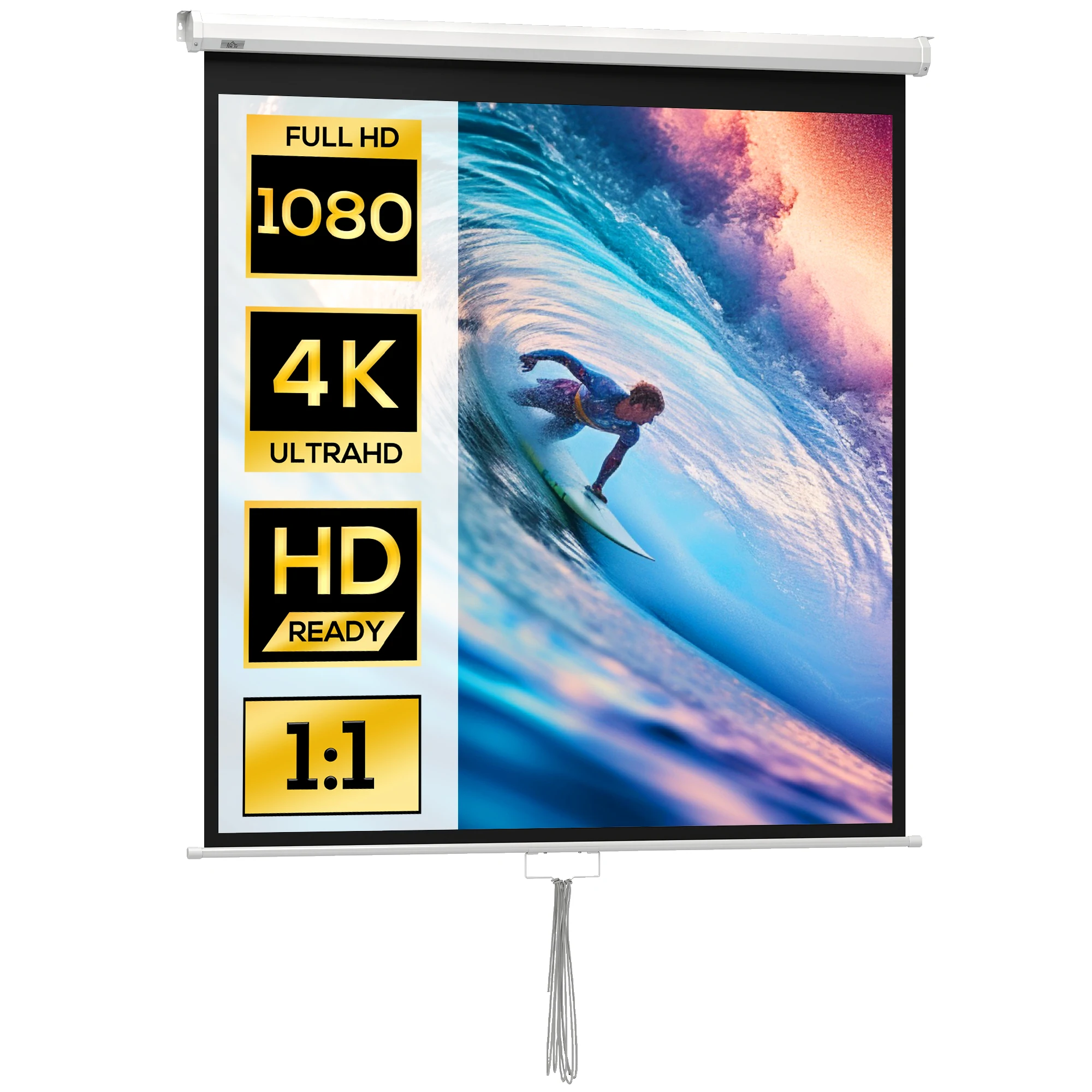 HOMCOM 85 inch projectiescherm, videoprojectorscherm, voor thuisbioscoop, 1: 4K HD 1, wand- of plafondmontage, 181x8 x cm, Wit