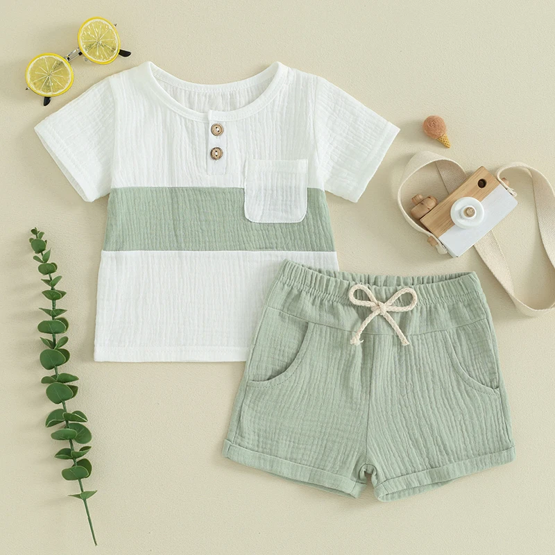 Pudcoco Toddler Newborn Baby Boys Summer Shorts Sets Short Sleeve Contrast Color Tops and Solid Color Shorts 2pcs Sets 0-3T