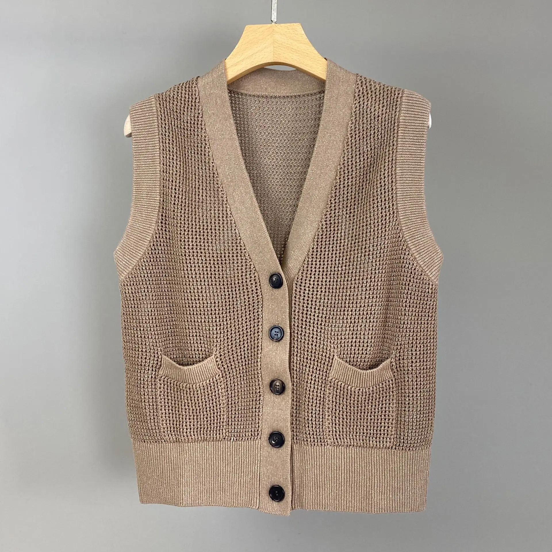 Women's Spring Summer New Linen Sequin Hollow Out Fashion Versatile Knitted Cardigan Vest