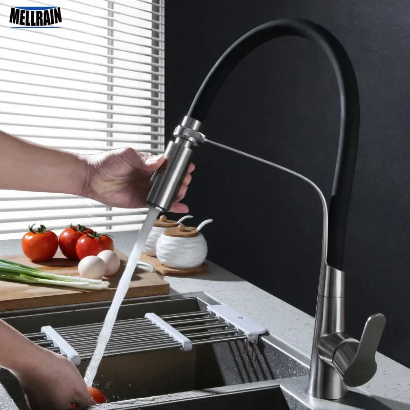 Stainless Steel Black Hose Kitchen Faucet Double Functions Sprayer Pull Out Kitchen Water Mixer Brushed Tap Ware White Red Green