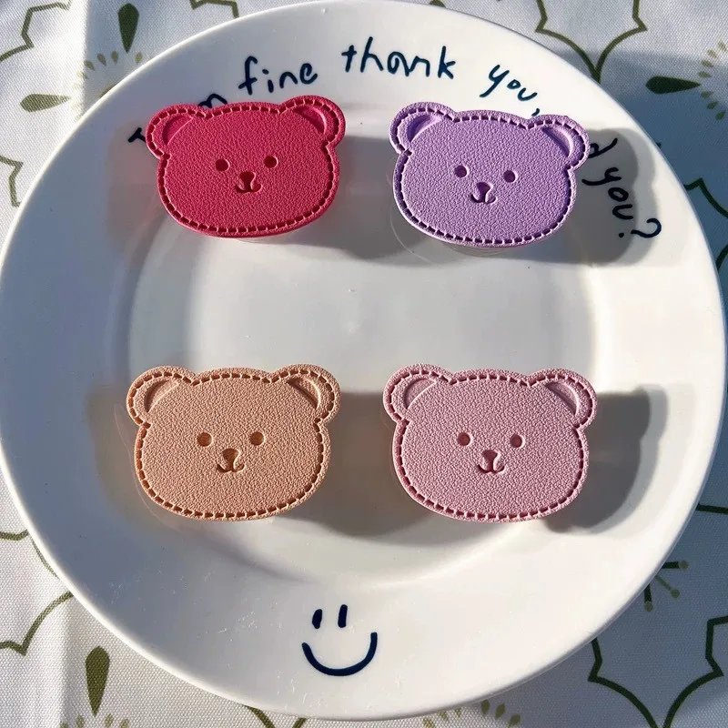 

Leather Bear Cartoon Mobile Phone Holder Stand Fold Finger Grip Bracket Accessories Socket For iPhone 15 16 17 Xiaomi