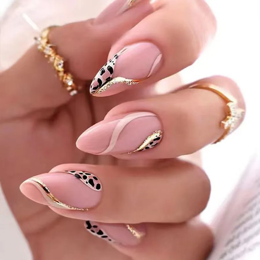 Medium fake nails for women girls Nude almond nail art tips with leopard golden strips design full cover press on false nail view 4