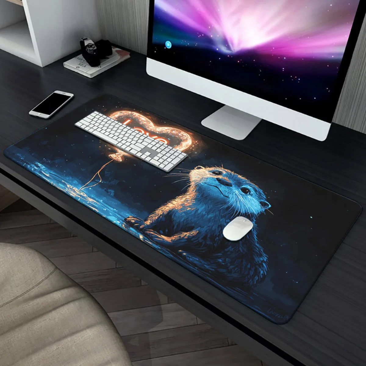 1 lontra accanto al cuore - palloncino in parttern scuro Tappetino stampato HD per scrivania, tappetino per mouse XXL multifunzionale, mouse da gioco con tastiera