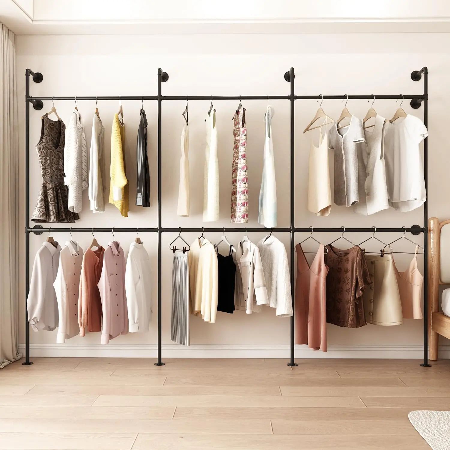 ORSENIGO Industrial Pipe Clothing Rack, Heavy Duty Metal Clothes Rack with Double Rods for Hanging Clothes, Wall Mount Space-Sav