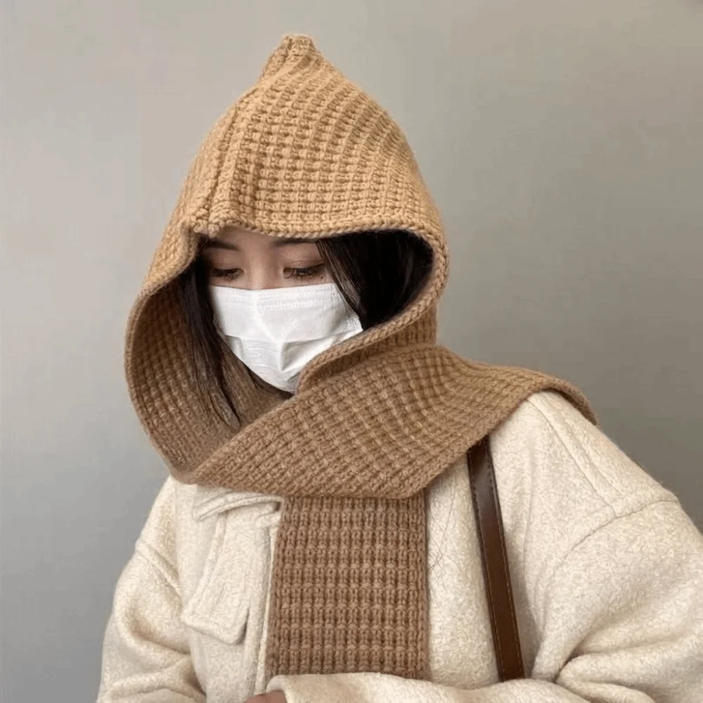 Acrylic Fibres Knitted Hooded Caps Soft Ear Protection Neck Collar Beanies Caps Embossing Korean Style Winter Neckerchief Hat