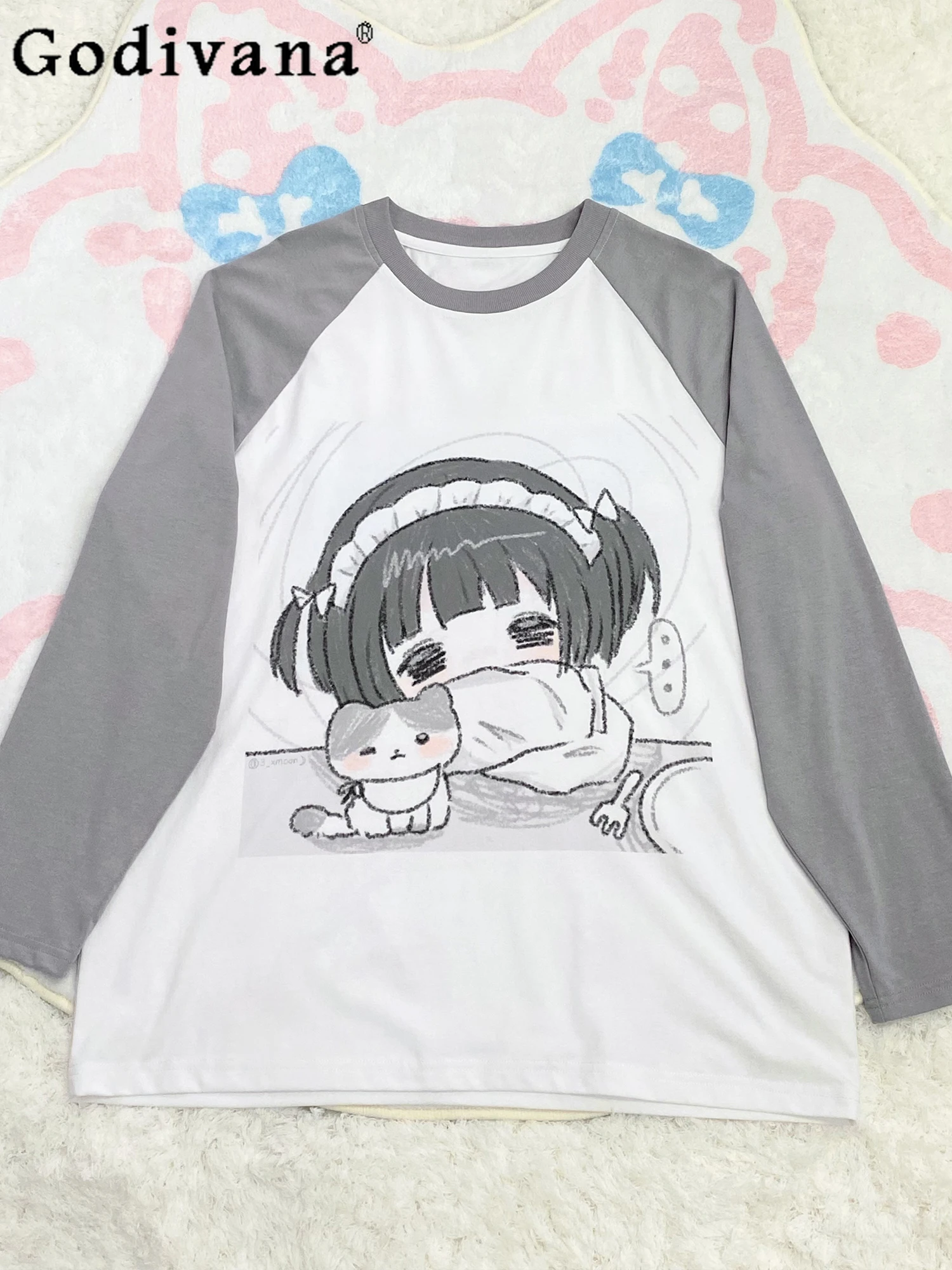 

Original Japanese Cotton T-shirt Preppy Cartoon Print Tees Autumn Fashion Girly Sweet Kawaii Cute Long Sleeve Tops Y2k Clothes