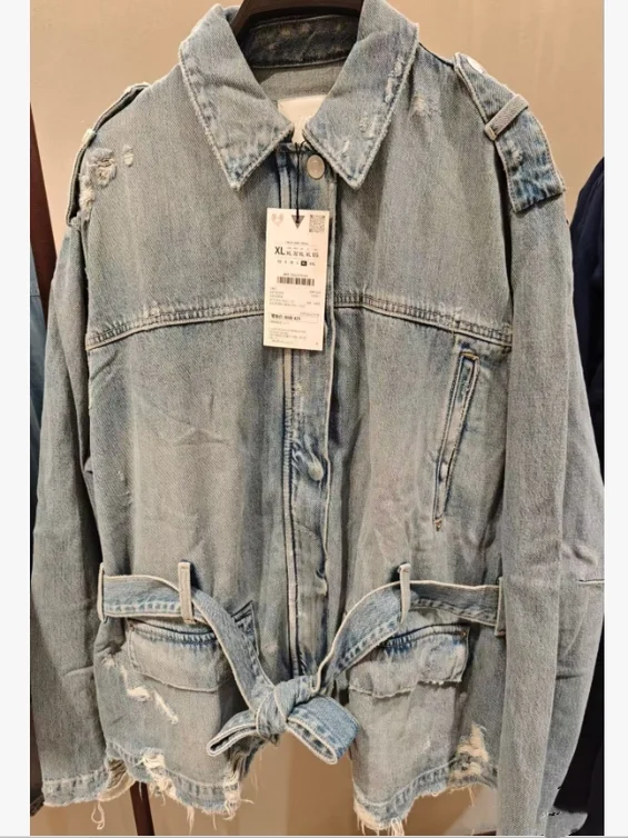 Fall 2025 New Oversize Denim Jaet with Belt And kets Women's Casual ort Coat Loose Fit Cotton Long Sve Zipper Closure